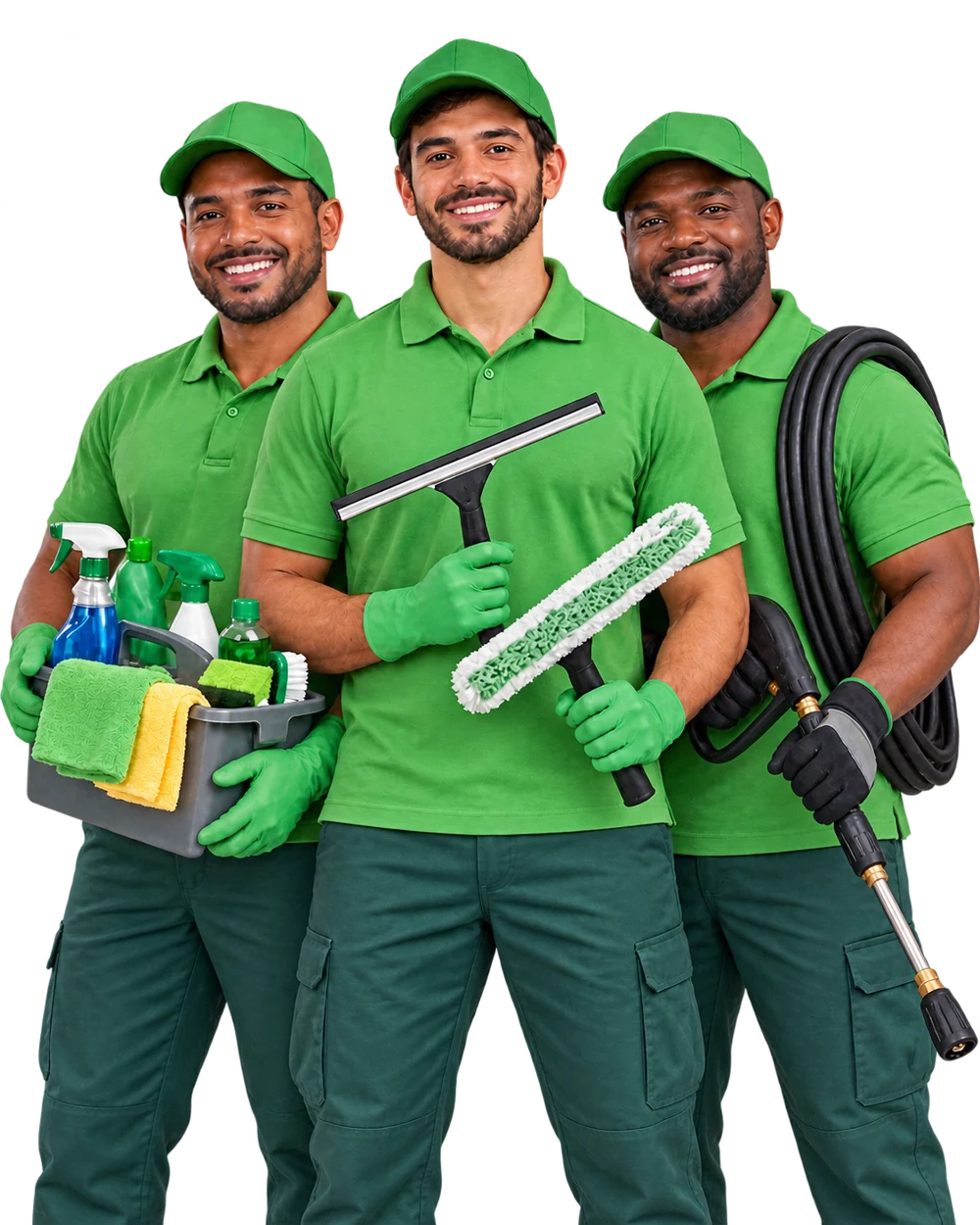 Três profissionais com uniformes verdes, produtos e equipamentos de limpeza