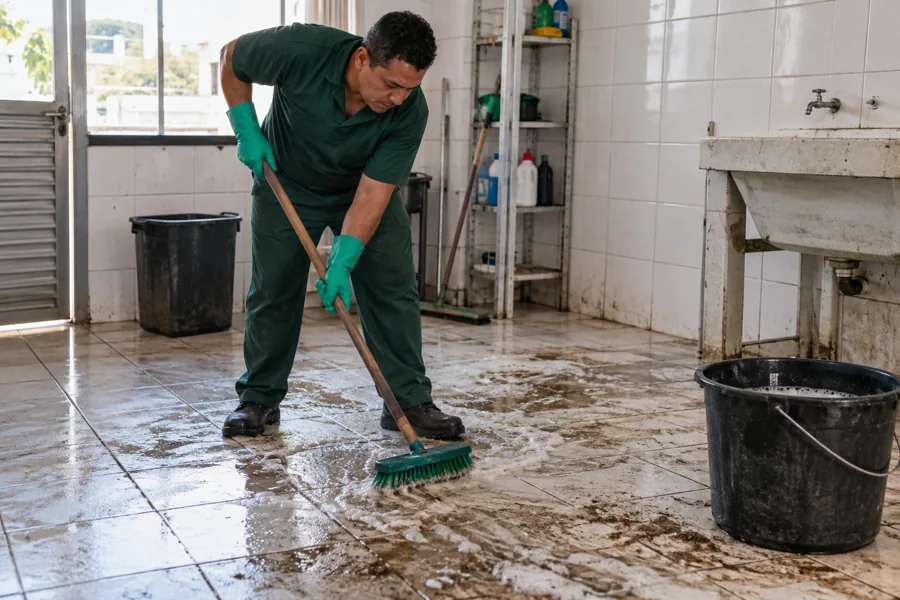 Profissional realizando limpeza pesada e higienização de ambiente