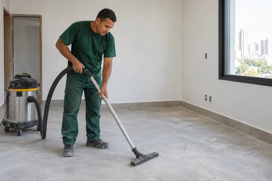 Profissional aspirando resíduos de poeira após obra