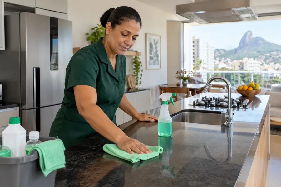 Limpeza de bancada em cozinha residencial